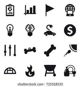 16 vector icon set : report, graph, flag, notebook globe, bulb, bulb brain, electric car, dollar coin, equalizer, bone, greenhouse, dish cleanser