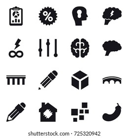 16 vector icon set : report, percent, bulb head, brain, infinity power, equalizer, bridge, pencil, 3d, smart house, eggplant