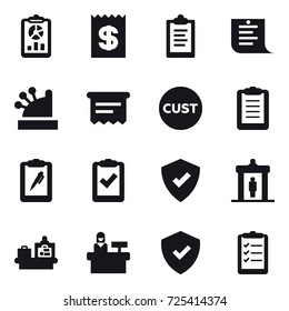 16 vector icon set : report, receipt, clipboard, shopping list, cashbox, atm receipt, detector, baggage checking, reception, clipboard list