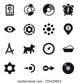 16 Vector Icon Set : Report, Circle Diagram, Alarm Clock, Eye, Around Gear, Round Around, Dollar Pin, Draw Compass, Dog, Barometer, Washing