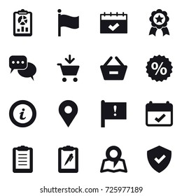 16 vector icon set : report, flag, calendar, medal, discussion, add to cart, remove from basket, percent, info, map