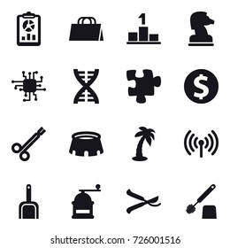 16 vector icon set : report, shopping bag, pedestal, chess horse, chip, dna, puzzle, dollar coin, stadium, palm, wireless, scoop, hand mill, pruner, toilet brush