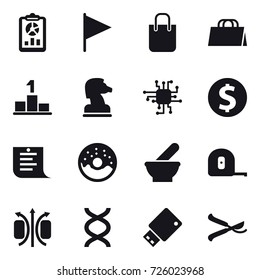16 vector icon set : report, flag, shopping bag, pedestal, chess horse, chip, dollar coin, shopping list, donut, measuring tape, pruner