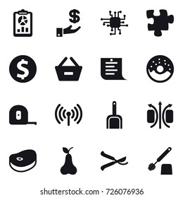 16 vector icon set : report, investment, chip, puzzle, dollar coin, remove from basket, shopping list, donut, measuring tape, wireless, scoop, pear, pruner, toilet brush