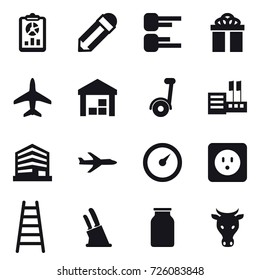 16 vector icon set : report, pencil, diagram, gift, plane, warehouse, segway, store, barometer, power socket, stairs, knife holder, cow