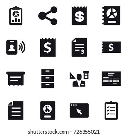 16 vector icon set : report, share, receipt, annual report, pass card, account balance, atm receipt, architector, passport, clipboard list