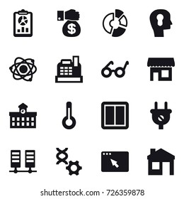 16 vector icon set : report, money gift, circle diagram, bulb head, atom, cashbox, shop, university, thermometer, power switch, house