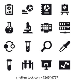 16 vector icon set : report, diagram, annual report, presentation, round flask, microscope, server, quantum bond, vial, magnifier