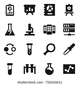 16 vector icon set : report, presentation, annual report, flask, microscope, server, quantum bond, vial, magnifier