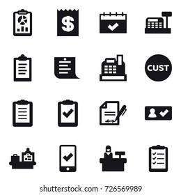 16 vector icon set : report, receipt, calendar, cashbox, clipboard, shopping list, check in, baggage checking, mobile checking, reception, clipboard list
