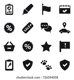 16 vector icon set : report, marker, flag, calendar, percent, sale, discussion, car pointer, remove from basket, star, pets
