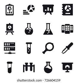 16 vector icon set : report, diagram, presentation, annual report, round flask, flask, server, vial, magnifier