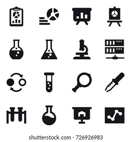 16 vector icon set : report, diagram, presentation, round flask, flask, microscope, server, quantum bond, vial, magnifier