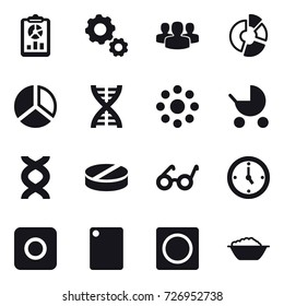 16 vector icon set : report, gear, group, circle diagram, diagram, dna, round around, baby stroller, watch, ring button, cutting board, foam basin