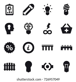 16 vector icon set : report, pencil, bulb, bulb head, bulb brain, infinity power, add to basket, percent, info, bridge, fence