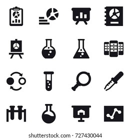 16 vector icon set : report, diagram, presentation, annual report, round flask, flask, server, quantum bond, vial, magnifier