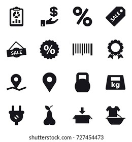 16 vector icon set : report, investment, percent, sale label, sale, barcode, medal, pear, package, handle washing