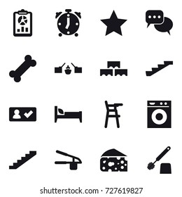 16 vector icon set : report, alarm clock, star, discussion, drawbridge, block wall, stairs, check in, bed, Chair for babies, washing machine, garlic clasp, cheese, toilet brush