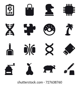 16 vector icon set : report, shopping bag, chess horse, chip, dna, puzzle, donut, palm, scoop, hand mill, pear, sheep, toilet brush