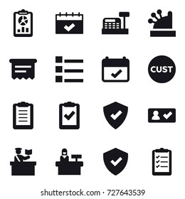 16 vector icon set : report, calendar, cashbox, atm receipt, list, check in, inspector, reception, clipboard list
