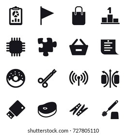 16 vector icon set : report, flag, shopping bag, pedestal, chip, puzzle, remove from basket, shopping list, donut, wireless, clothespin, toilet brush