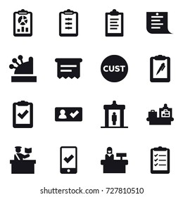 16 vector icon set : report, clipboard, shopping list, cashbox, atm receipt, check in, detector, baggage checking, inspector, mobile checking, reception, clipboard list