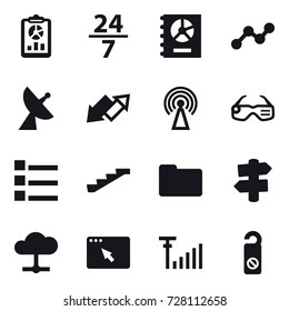 16 vector icon set : report, 24/7, annual report, graph, satellite antenna, up down arrow, antenna, smart glasses, list, stairs, signpost, do not distrub