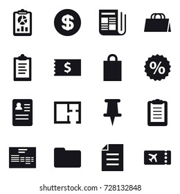 16 vector icon set : report, dollar, newspaper, shopping bag, clipboard, receipt, percent, plan, ticket