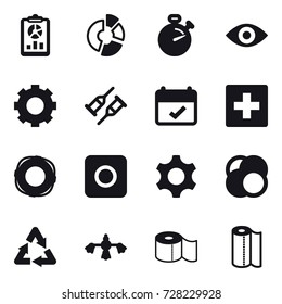 16 vector icon set : report, circle diagram, stopwatch, eye, gear, first aid, lifebuoy, ring button, hard reach place cleaning, toilet paper, paper towel
