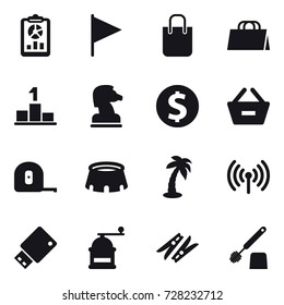 16 vector icon set : report, flag, shopping bag, pedestal, chess horse, dollar coin, remove from basket, measuring tape, stadium, palm, wireless, hand mill, clothespin, toilet brush