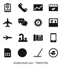 16 vector icon set : report, phone, statistic, calendar, plane, discussion, sun power, tools, water tap, rake, ecology