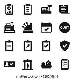 16 vector icon set : report, clipboard, cashbox, shopping list, check in, detector, baggage checking, clipboard list