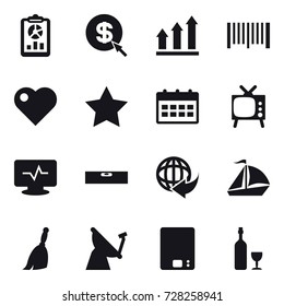 16 vector icon set : report, dollar arrow, graph up, barcode, heart, star, calendar, tv, level, sail boat, broom, kitchen scales, wine