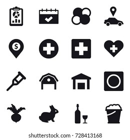 16 vector icon set : report, calendar, atom core, car pointer, dollar pin, barn, ring button, beet, rabbit, wine, foam bucket