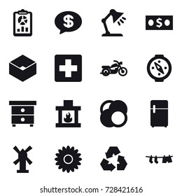 16 vector icon set : report, money message, table lamp, money, box, motorcycle, compass, nightstand, fireplace, windmill, flower, recycling, drying clothe