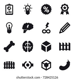 16 vector icon set : report, bulb, percent, medal, brain, infinity power, pencil, 3d, fence, eggplant