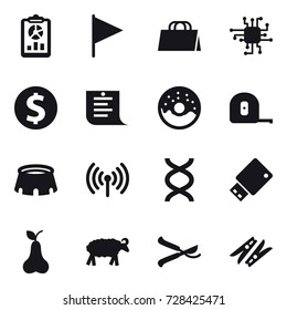 16 vector icon set : report, flag, shopping bag, chip, dollar coin, shopping list, donut, measuring tape, stadium, wireless, pear, sheep, pruner, clothespin
