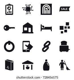 16 vector icon set : report, chip, fingerprint, sale, key, home, bed, warehouse, cleanser, brooming