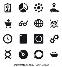 16 vector icon set : report, diagram, round around, car pointer, add to cart, globe, disco ball, watch, cutting board, ring button, reload, foam basin