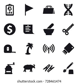 16 vector icon set : report, flag, shopping bag, dna, dollar coin, shopping list, measuring tape, palm, wireless, hand mill, sheep, clothespin, toilet brush