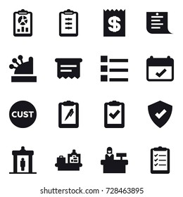 16 vector icon set : report, clipboard, receipt, shopping list, cashbox, atm receipt, list, detector, baggage checking, reception, clipboard list