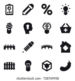 16 vector icon set : report, pencil, percent, bulb, bulb head, bulb brain, add to basket, bridge, smart house, fence, eggplant