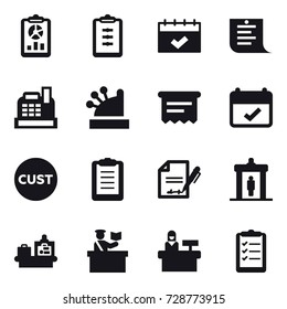 16 vector icon set : report, clipboard, calendar, shopping list, cashbox, atm receipt, detector, baggage checking, inspector, reception, clipboard list