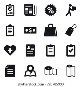 16 vector icon set : report, newspaper, percent, courier, clipboard, money, shopping bag, label, map, toilet paper, paper towel