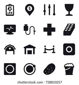 16 vector icon set : report, dollar pin, equalizer, wineglass, brick, barn, vip fence, ring button, potato, foam bucket