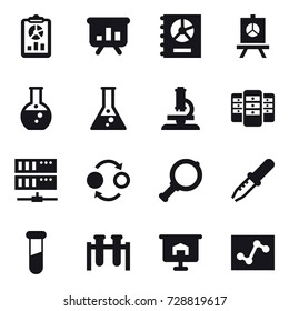 16 vector icon set : report, presentation, annual report, round flask, flask, microscope, server, quantum bond, magnifier