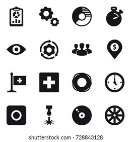 16 Vector Icon Set : Report, Gear, Circle Diagram, Stopwatch, Eye, Around Gear, Group, Dollar Pin, First Aid, Lifebuoy, Watch, Ring Button, Wheel