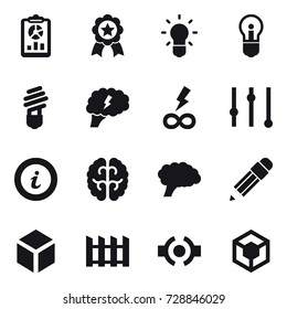 16 vector icon set : report, medal, bulb, brain, infinity power, equalizer, info, pencil, 3d, fence