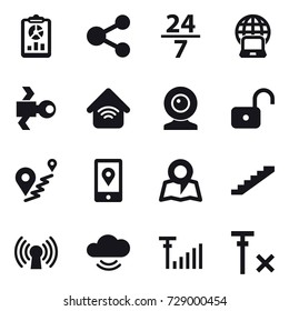 16 vector icon set : report, share, 24/7, notebook globe, satellite, wireless home, web cam, unlock, map, stairs