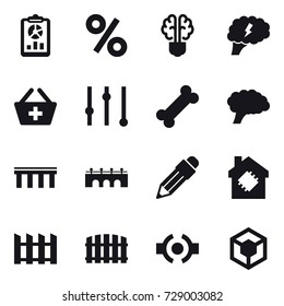 16 vector icon set : report, percent, bulb brain, brain, add to basket, equalizer, bridge, pencil, smart house, fence